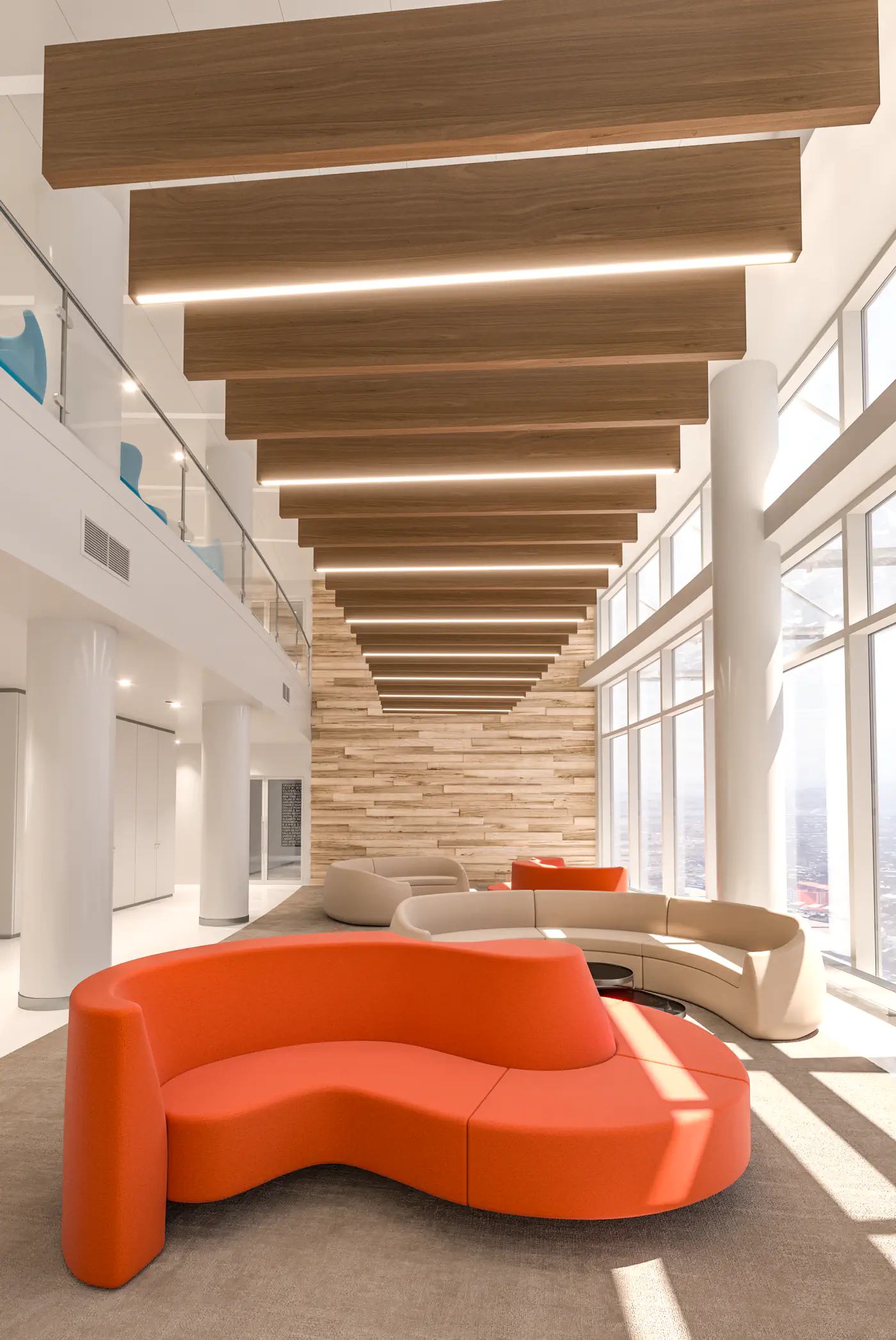 Open atrium with wood acoustic baffles