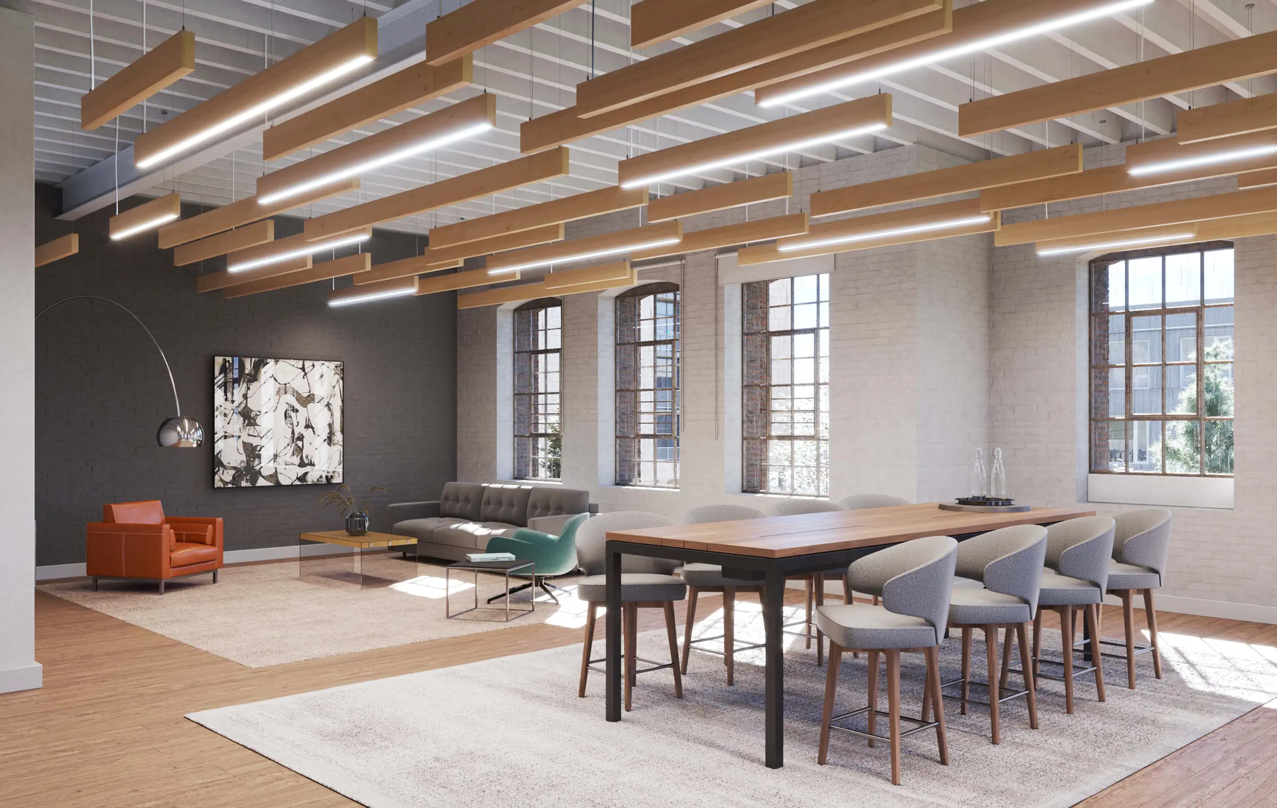 Wood baffle office space — daytime