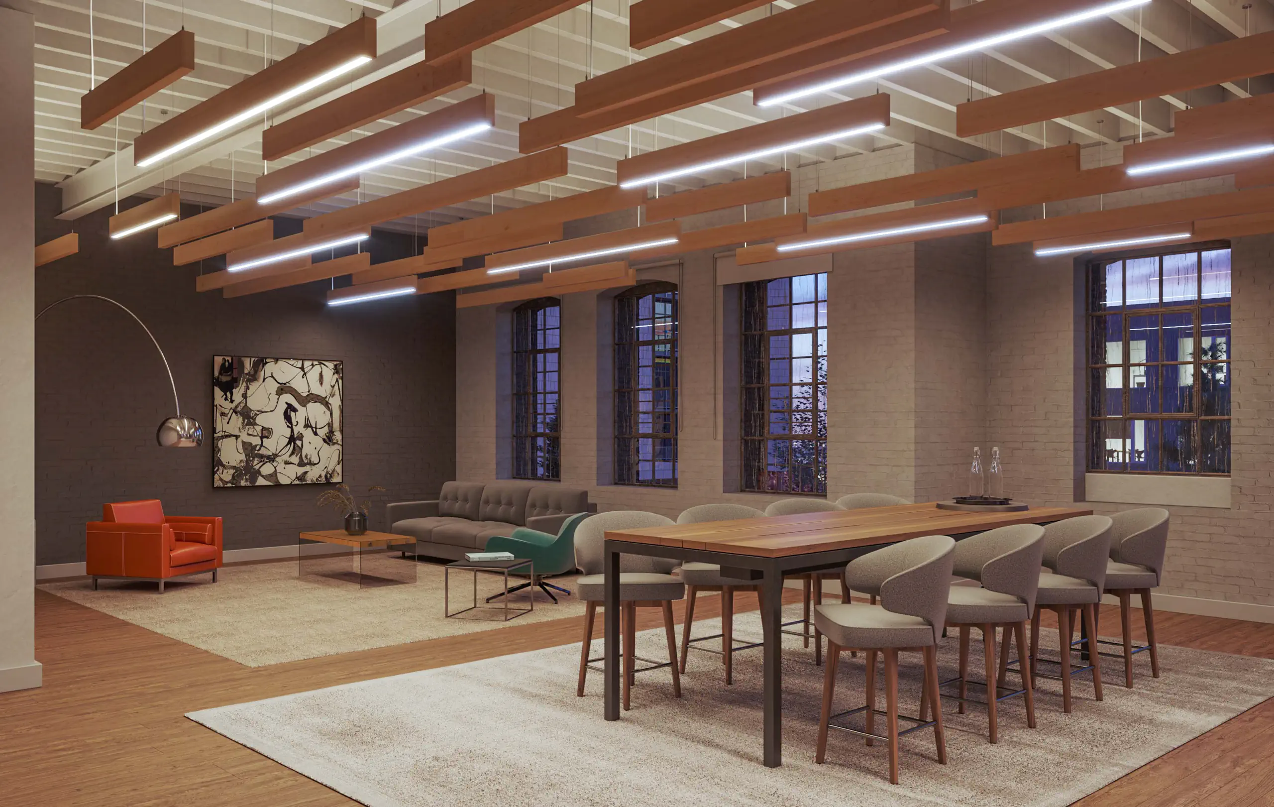 Wood baffle office space — nighttime